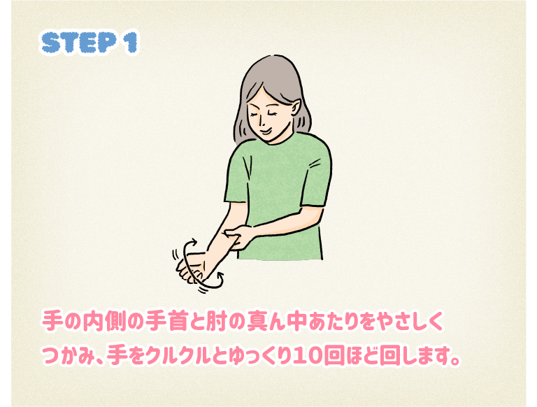 STEP1手の内側の手首と肘の真ん中あたりをやさしくつかみ、手をクルクルとゆっくり10回ほど回します。
