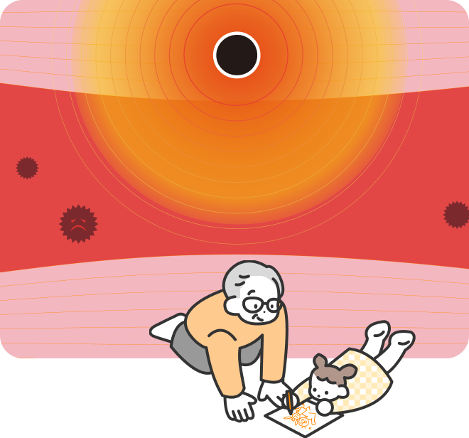 祖父と孫が一緒に絵を描いている様子のイラスト